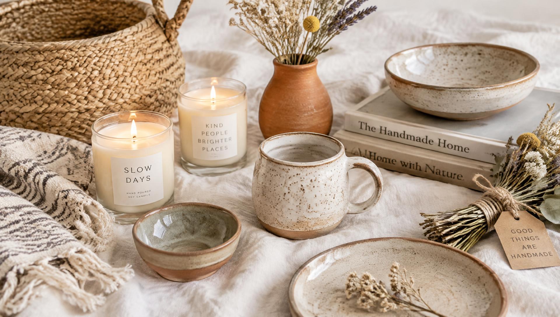 Curated handmade crafts including pottery, candles, and woven baskets